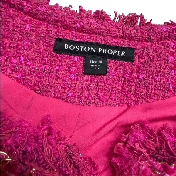 ✨💗 Boston Proper Vibrant Pink Tweed Blazer Fringe Chain Detail Size 16 💗✨ - Picture 5 of 6